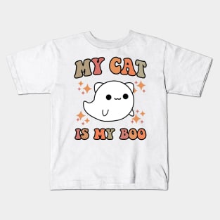 My Cat Is My Boo Spooky Season Ghost Halloween Groovy Retro Kids T-Shirt